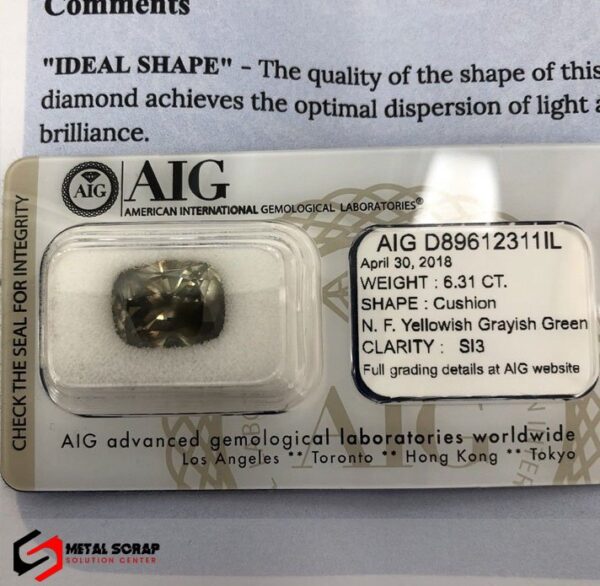 6.31ct Cushion Fancy Y.G.Green Si3 Certified AIG Natural Diamond Natural NR - Image 2